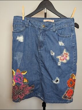 Anthropologie Cecilia Prado Womens Size M Gardeners Denim Embroidered Jean Skirt